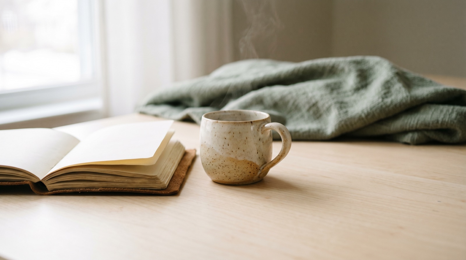 An open journal next to a warm mug and a sage-green throw blanket on a wooden table, soft natural light from a window