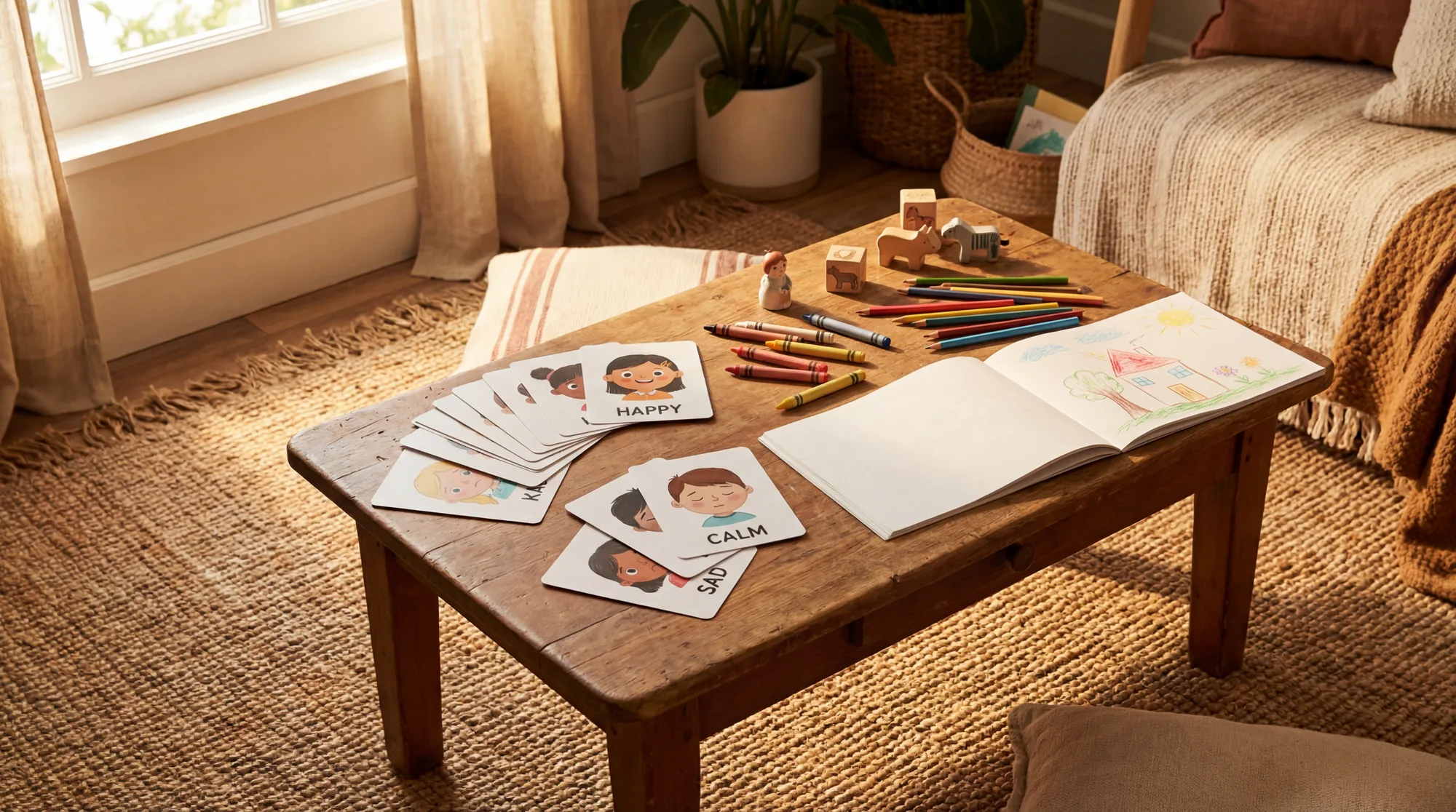 Colourful feeling cards and art supplies on a warm wooden table, tools used in play-based children's therapy