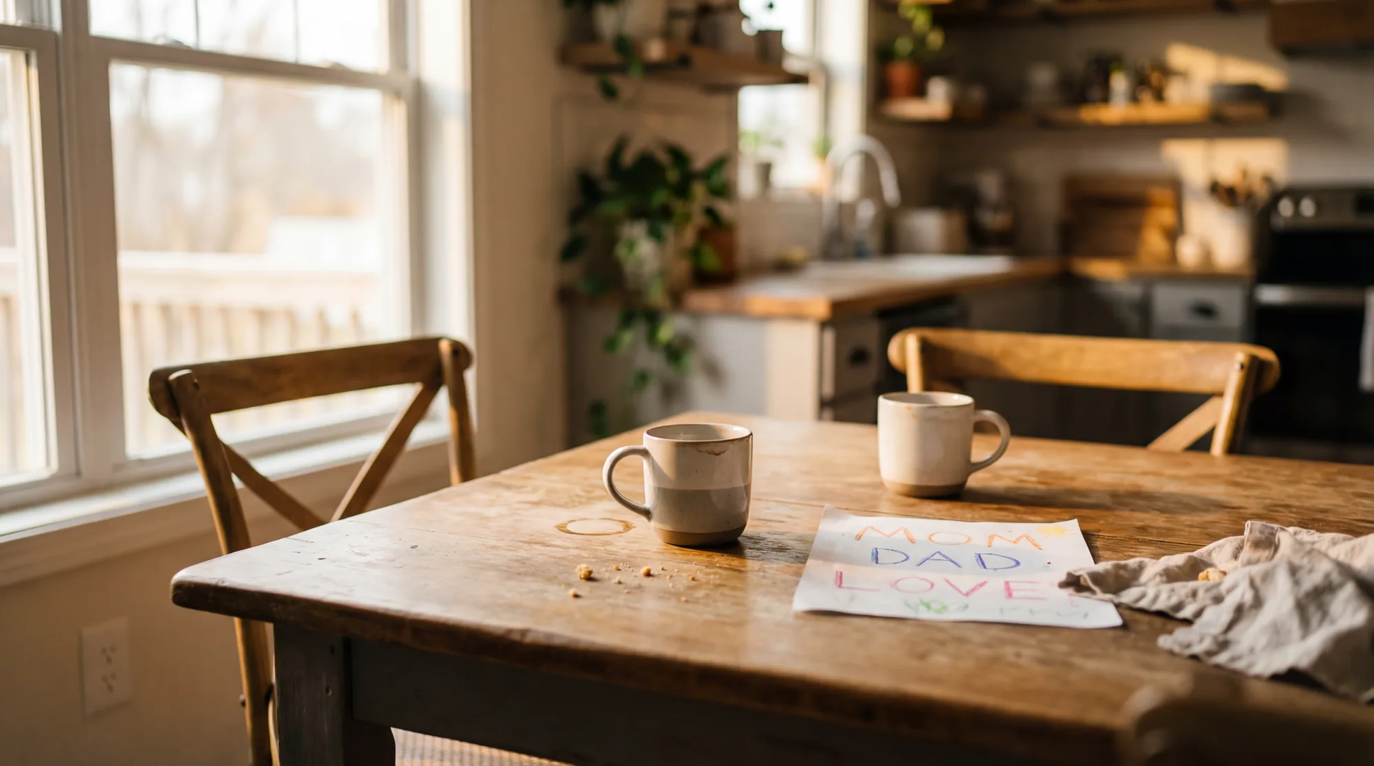 Two coffee mugs on a kitchen counter in morning light, a calm moment during parent counselling