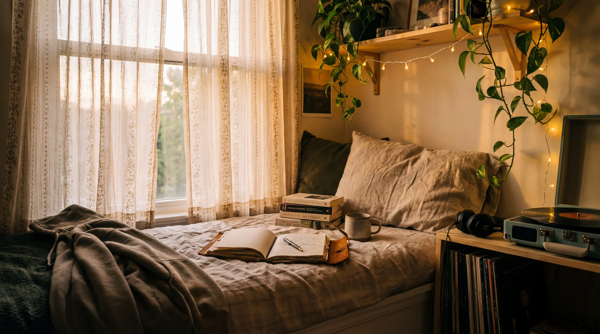 Teen bedroom with fairy lights, an open journal and headphones, a private space for virtual teen therapy